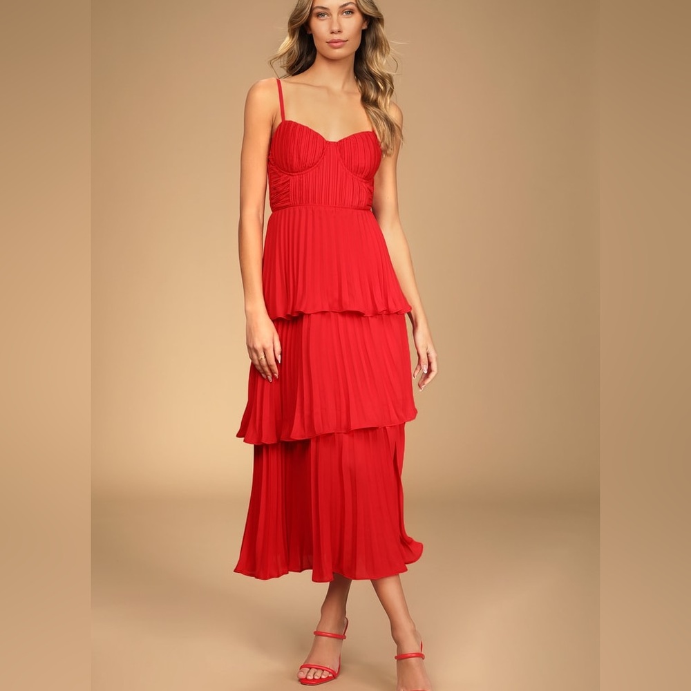 Cascading Crush Red Tiered Bustier Midi Dress